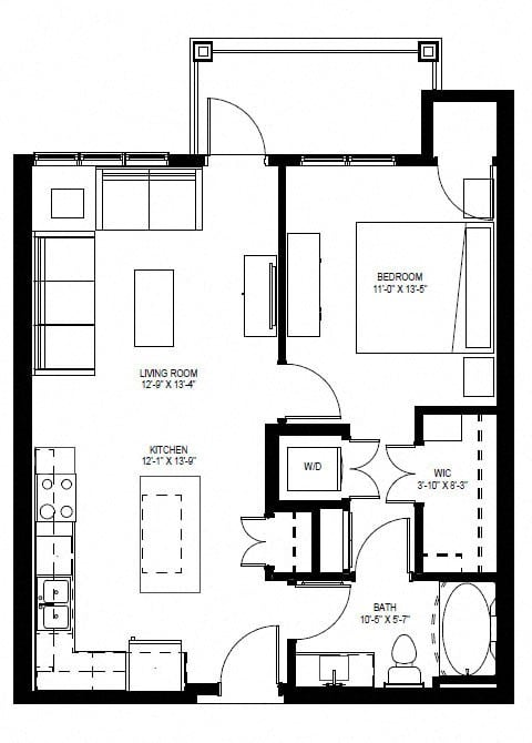 Floor plan for 1 bed, 1 bath, 723 sqft